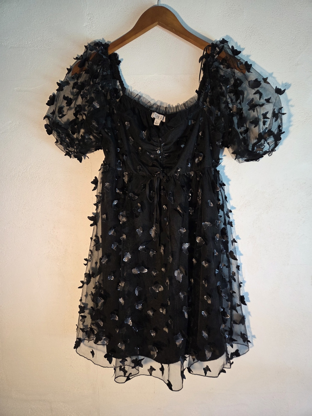 RARE Inspired Hearts Black 3D Butterfly Tulle Mini Dress - Size L - Puff Sleeve